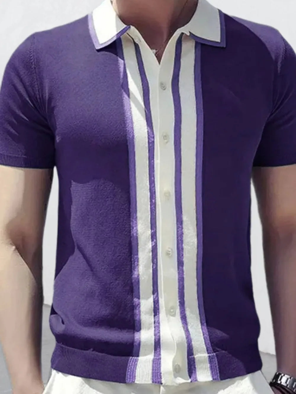 Le Comtois Polo in Violet - striped contrast collar knit polo