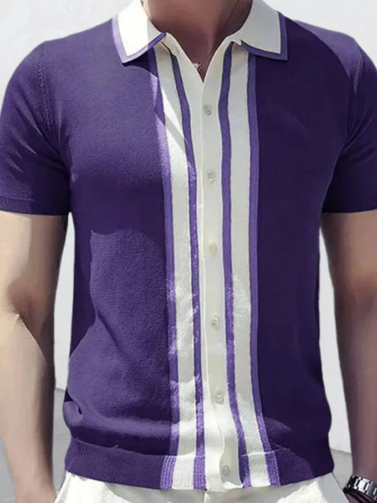Le Comtois Polo in Violet - striped contrast collar knit polo
