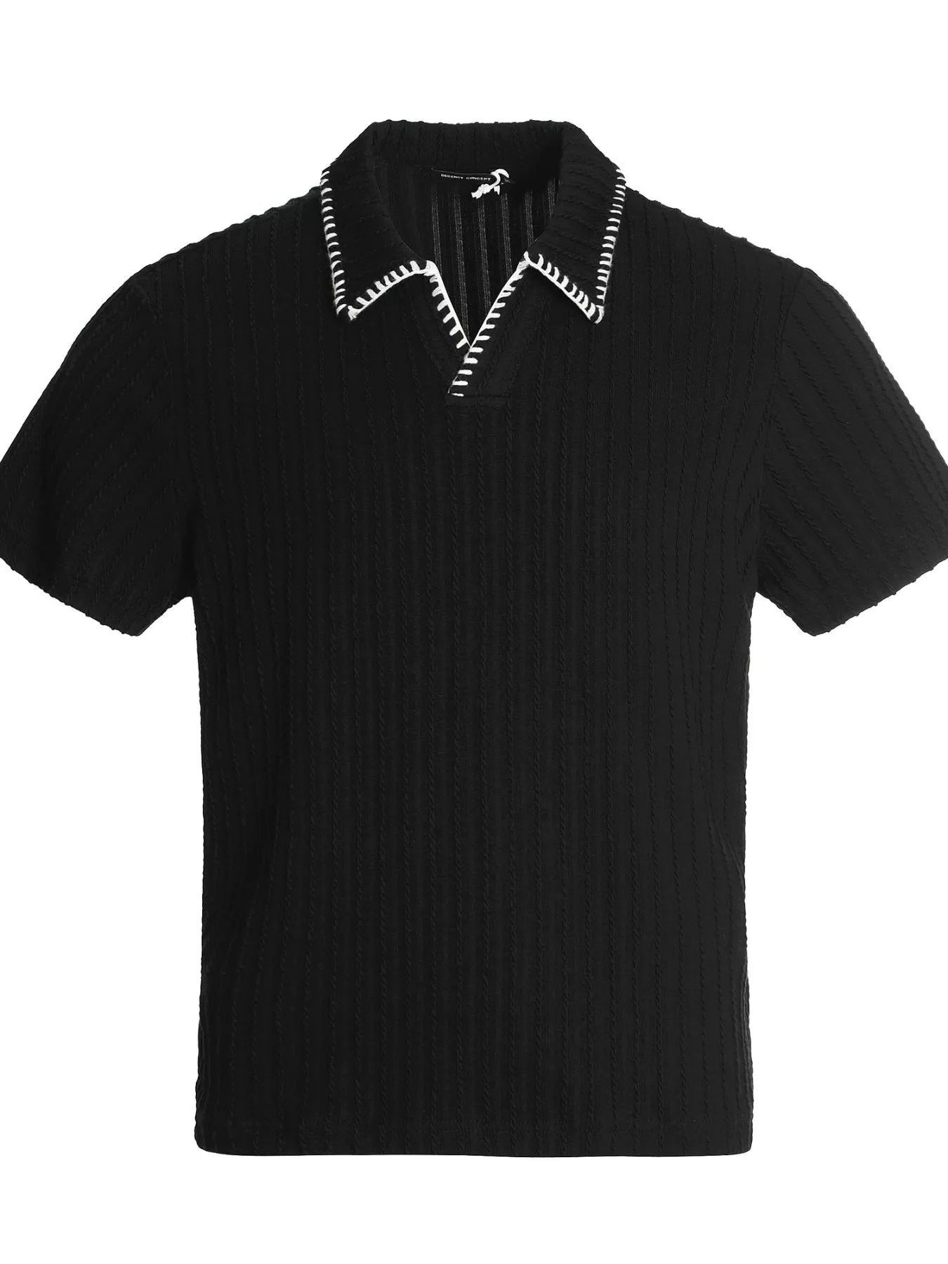 Men's Ribbed Knit Polo with Contrast Stitching in Black