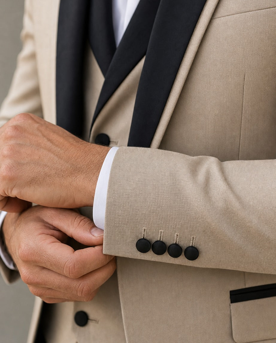 Le Bourgogone Suit - Classique - close-up of the sleeve cuff, buttons and tailoring | Roi de Soi