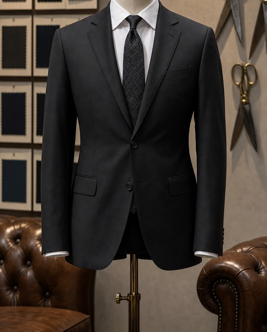 Le Domaine Suit - Affaires - black slim-fit two-piece suit displayed on a tailor's form in an atelier | Roi de Soi