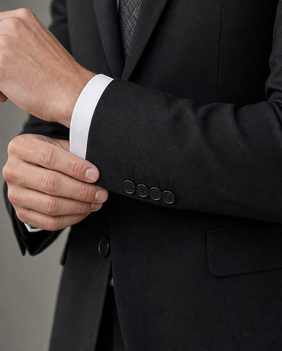 Le Domaine Suit - Affaires - close-up of the sleeve cuff, buttons and tailoring | Roi de Soi