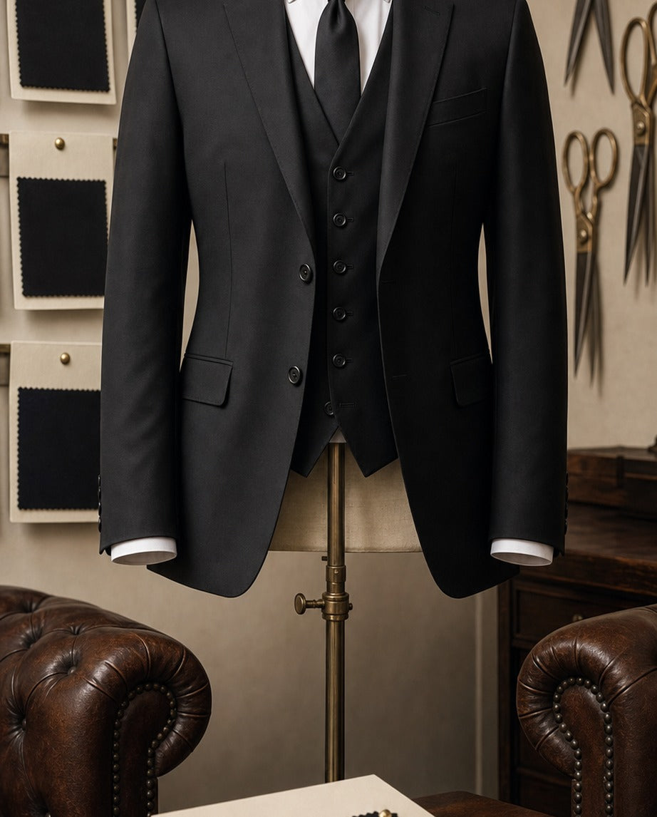 Le Faubourg Suit - Noir - displayed on a tailors form in an atelier | Roi de Soi