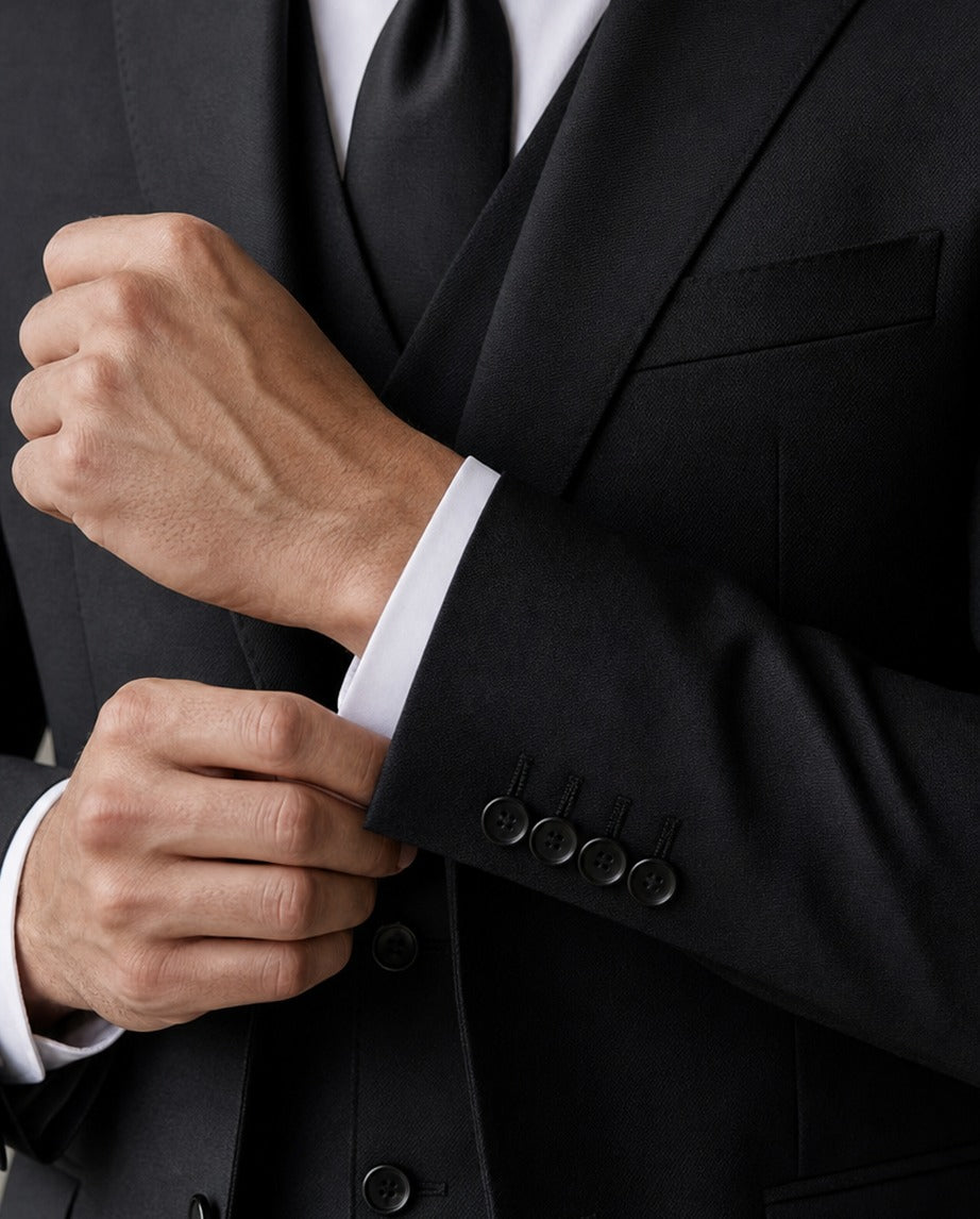 Le Faubourg Suit - Noir - close-up of the sleeve cuff, buttons and tailoring | Roi de Soi