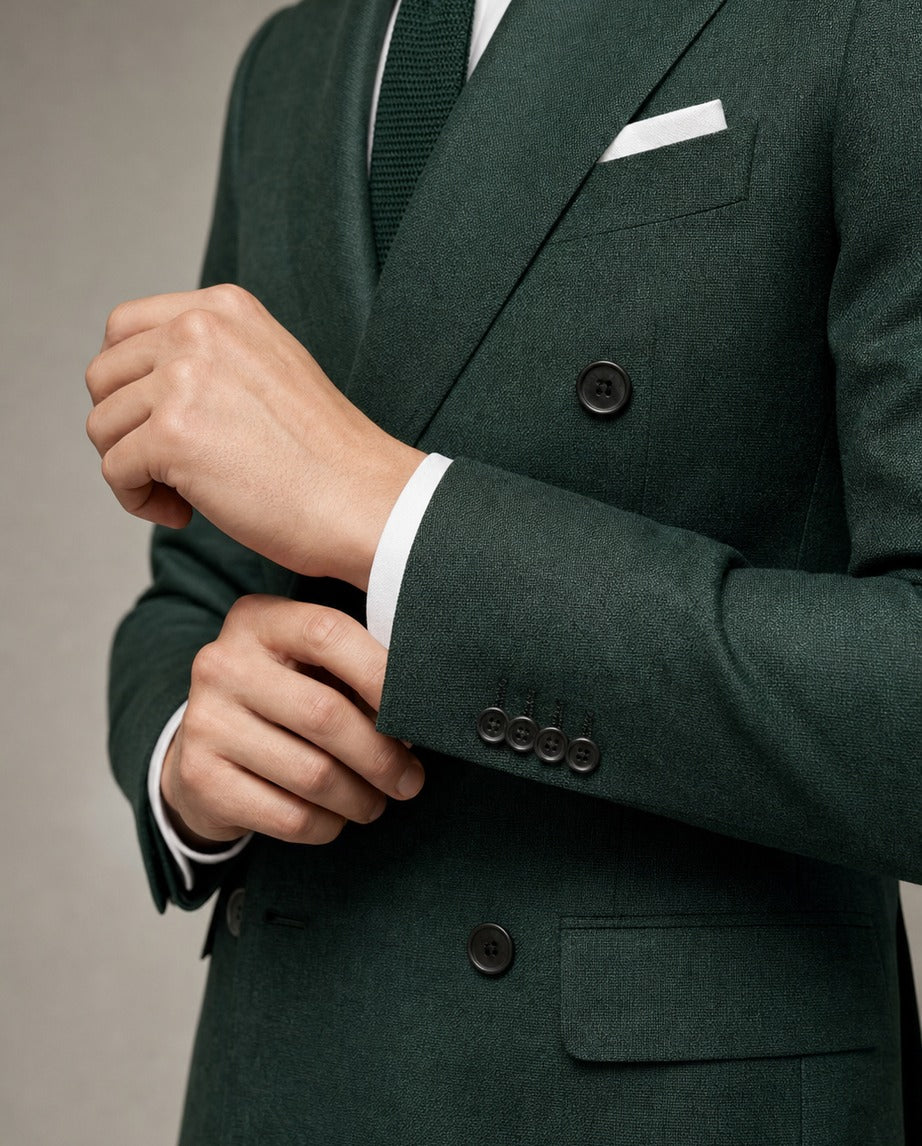 Le FauBourg - Vert - close-up of the sleeve cuff, buttons and tailoring | Roi de Soi