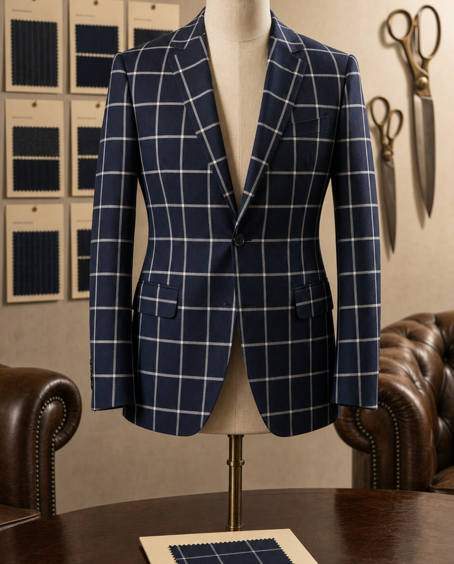 Le Harvy Suit - Bleu Marine - displayed on a tailors form in an atelier | Roi de Soi