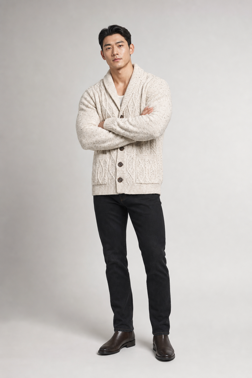 Model wearing Le Bourgogne Cardigan