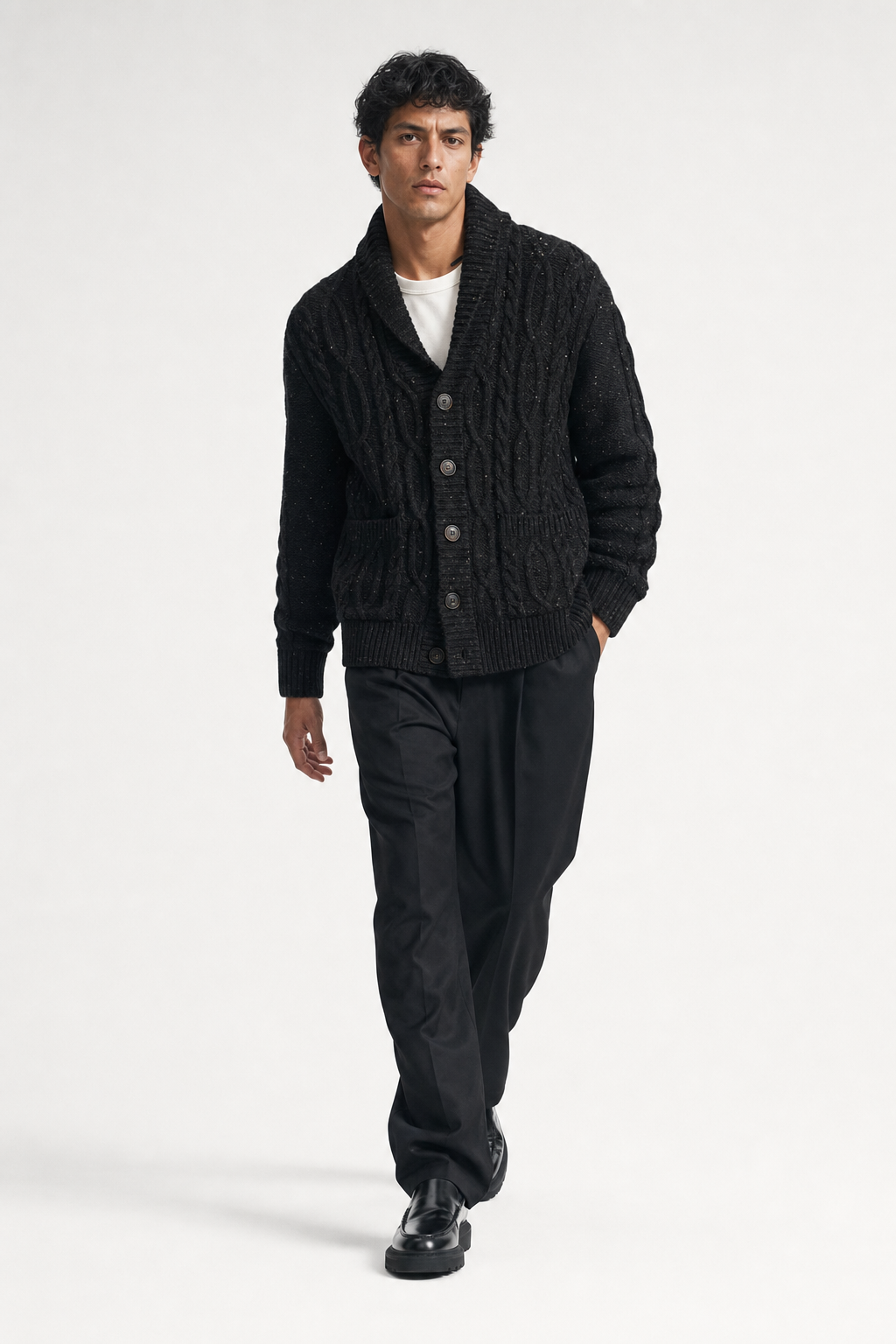 Model wearing Le Bourgogne Cardigan