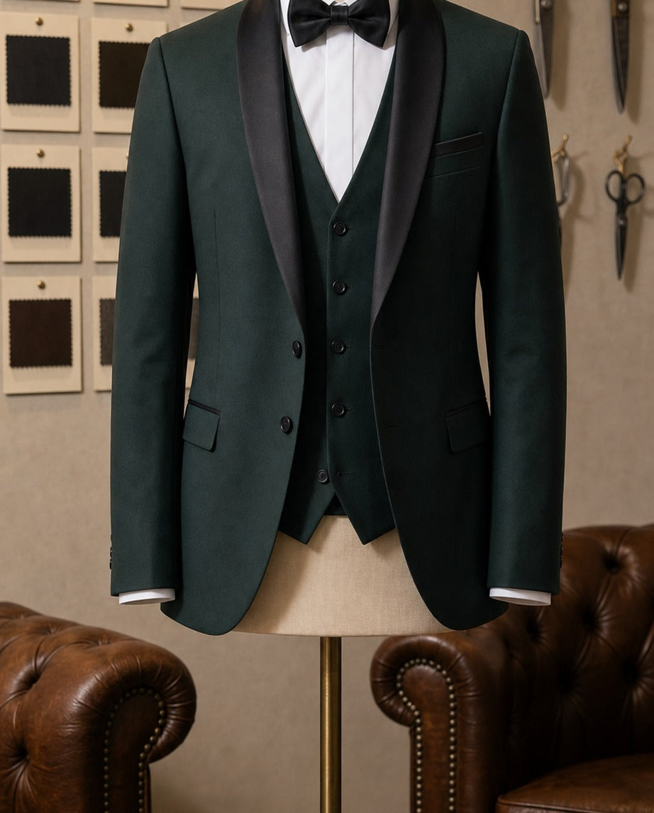 Le Quai Tuxedo - Vert - displayed on a tailors form in an atelier | Roi de Soi