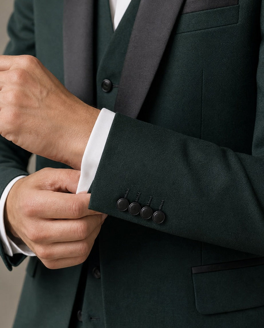 Le Quai Tuxedo - Vert - close-up of the sleeve cuff, buttons and tailoring | Roi de Soi