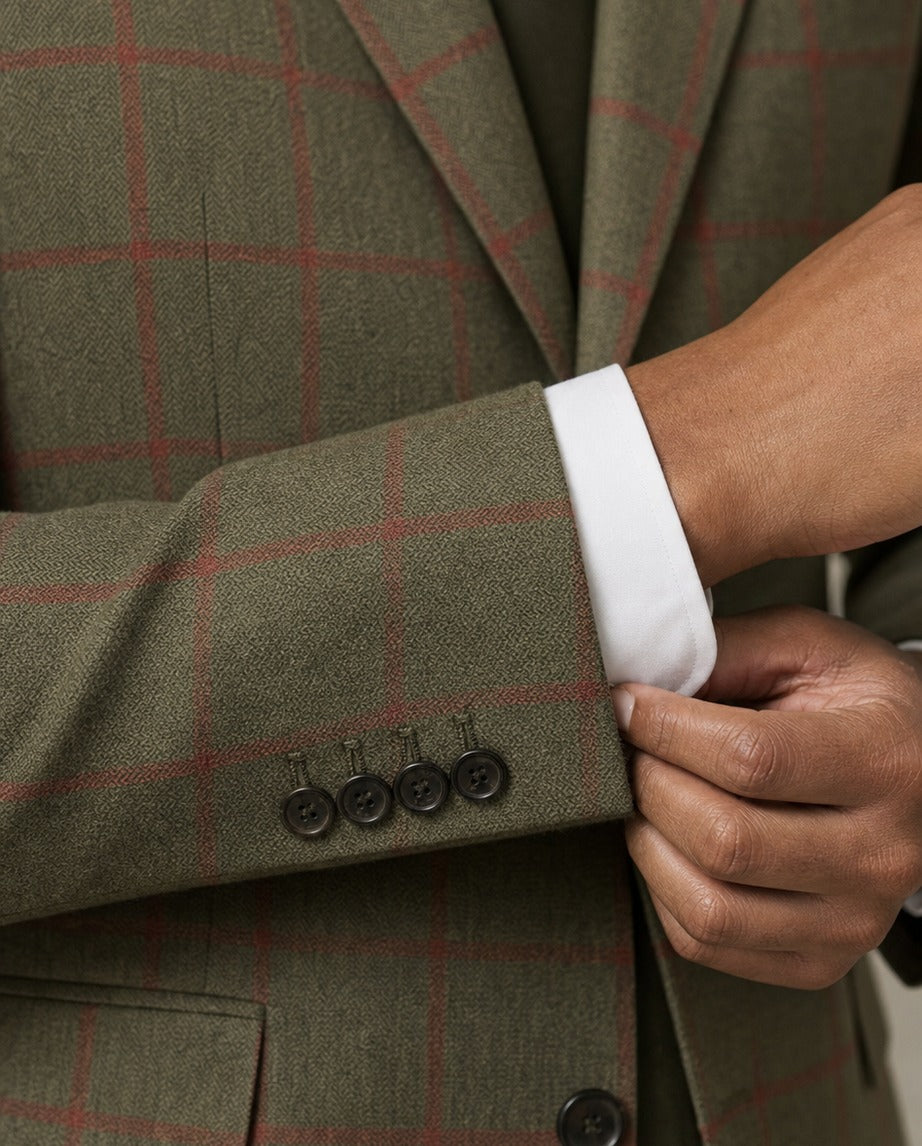 Le Windsor Suit - Carreaux - close-up of the sleeve cuff, buttons and tailoring | Roi de Soi